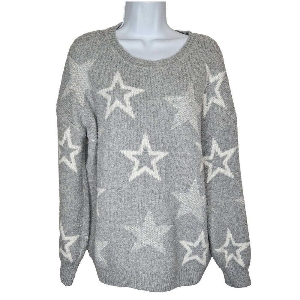 Knox Rose Gray Star Sweater L Soft Fuzzy Boho Cozy Oversized‎ Knit Cozycore